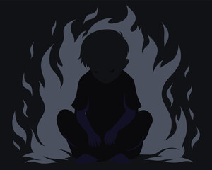 Sad child silhouette surrounded by flames evokes feelings of isolation and fear