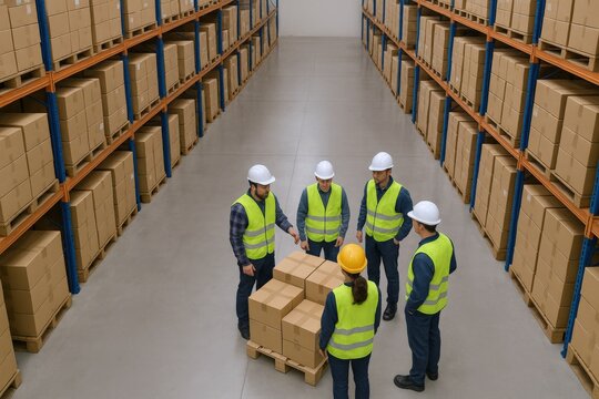 Warehouse Team Meeting Around Pallet of Boxes Discussing Logistics and Inventory Management in Distribution Center
