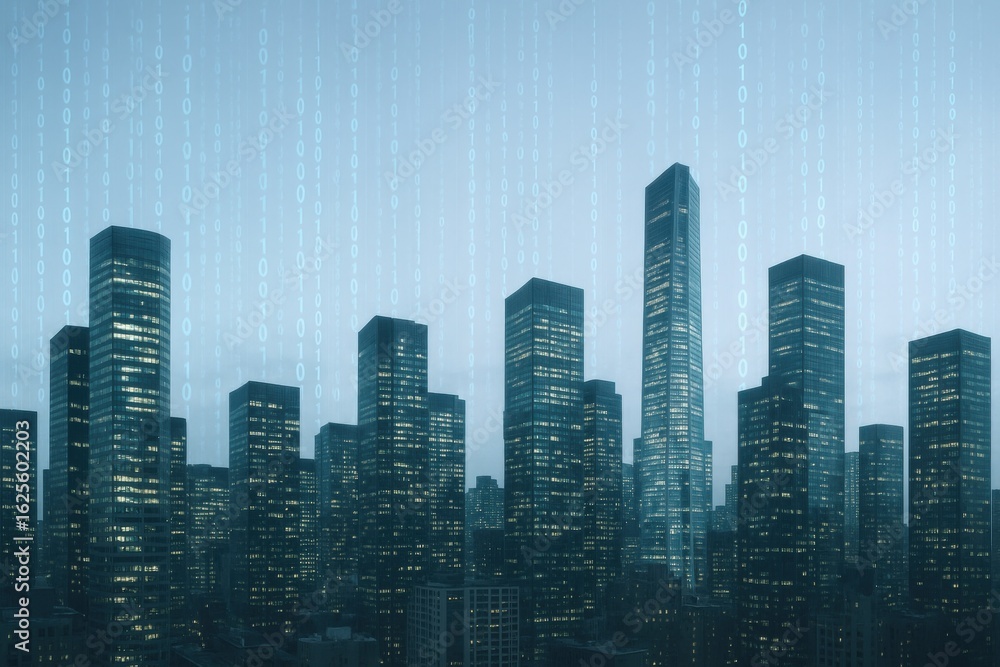 Poster futuristic cityscape with binary code overlay: modern metropolis, data streams, and digital innovati