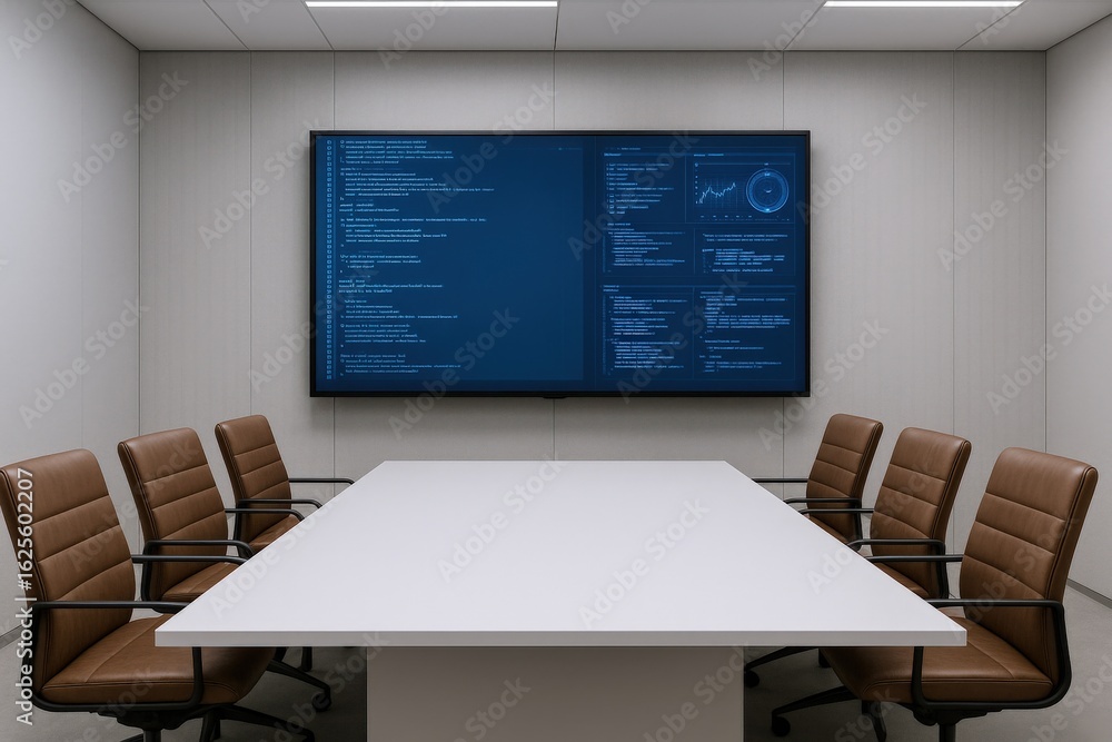 Poster modern meeting room with large screen displaying data and charts, featuring comfortable chairs and w