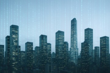 Futuristic Cityscape with Binary Code Overlay: Modern Metropolis, Data Streams, and Digital Innovation Concept