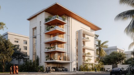 Fototapeta premium Modern Luxury Apartment Building Exterior with Balconies, Landscaping and Street View