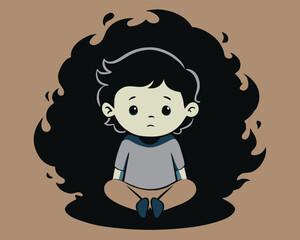 Cartoon boy with worried expression sits cross legged with dark aura around him
