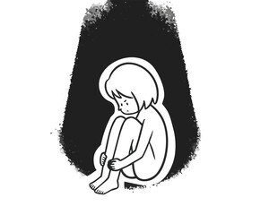 Vulnerable young person feeling sadness and isolation in the dark void alone