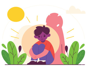 Sad boy embraces knees under sunny sky, feeling anxious with monster shadow