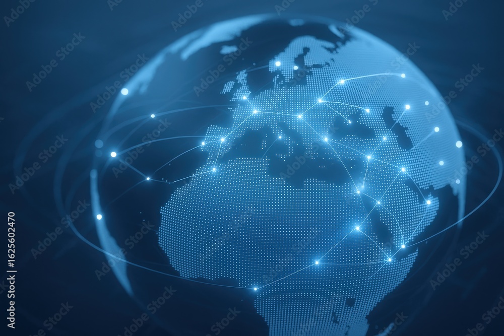 Poster global network visualization: digital connections across a world map illustrating international comm
