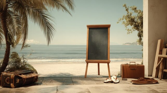 Beachfront Blackboard with Tropical Scenery, Perfect for Advertising, Messaging, and Vacation Planning Concepts