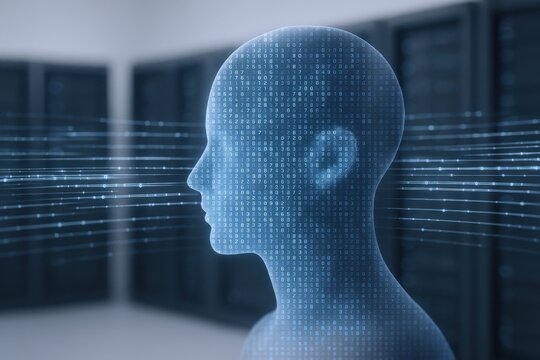 Artificial Intelligence Concept: Digital Human Head with Binary Code and Data Flow in a Server Room - Powered by Adobe