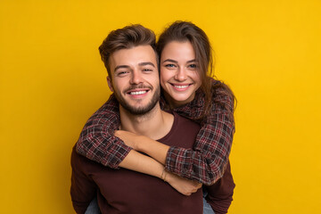 Fototapeta premium A happy man lifting his wife playfully against a bright yellow backdrop. A fun and vibrant image symbolizing love, romance, and joyful partnership—perfect for wedding or relationship content