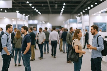 Attendees Networking at Trade Show, Business Professionals Conversing at Exhibition Event, People Meeting at Conference