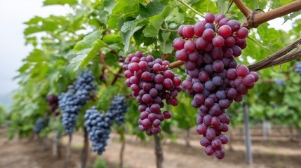 Grapes hang fresh vineyard with red purple clusters. AI generated.