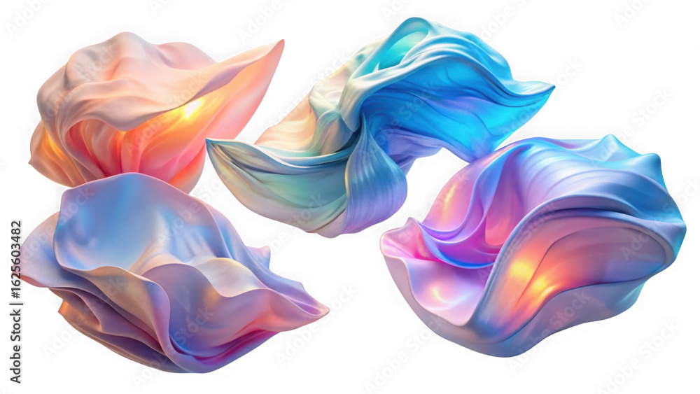 Poster abstract fluid forms with iridescent colors and glowing light isolated on transparent background