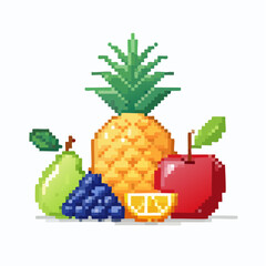Retro pixel art style: An arrangement of pineapple, apple, pear, grapes, and lemon