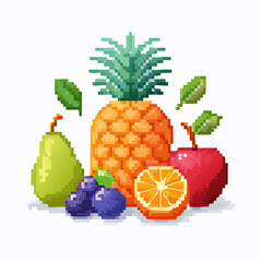 Pixelated fruits in vibrant composition displaying a playful digital aesthetic appeal