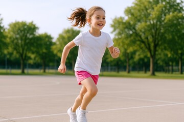 Obraz premium Joyful Little Girl Running Outdoors: A Portrait of Childhood Happiness and Active Lifestyle