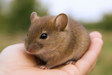 Adorable Field Mouse Held Gently in Palm of Hand, Outdoors with Blurry Green Background