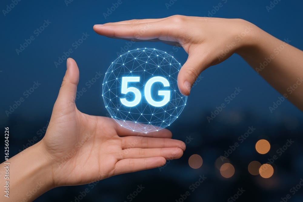 Poster hands framing 5g technology network: conceptual image of high-speed wireless communication and conne