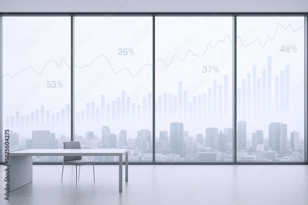 Poster modern office with city view and data visualization overlays for business and finance concepts
