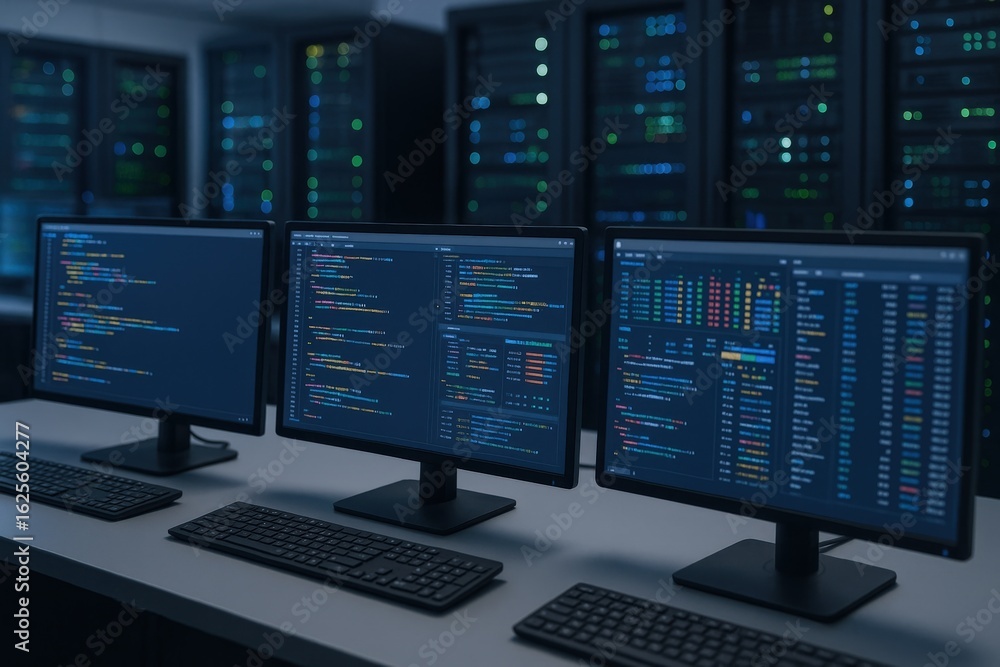 Poster data center monitoring: three screens displaying system information in a dark room with servers