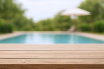 Serene Swimming Pool Backdrop: Wooden Surface in Focus with Blurred Poolside View, Perfect for Summer