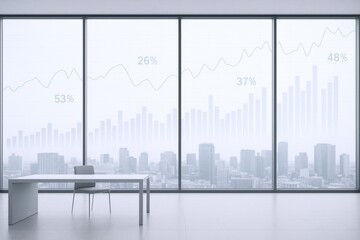 Modern Office with City View and Data Visualization Overlays for Business and Finance Concepts