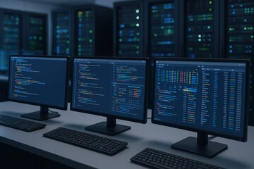 Data Center Monitoring: Three Screens Displaying System Information in a Dark Room with Servers