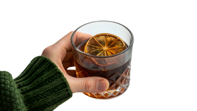 winter warmth closeup hand in wool green sleeve holding dark rum with dried orange slice on white background concept of winter vibes relaxed evening mood quiet comfort