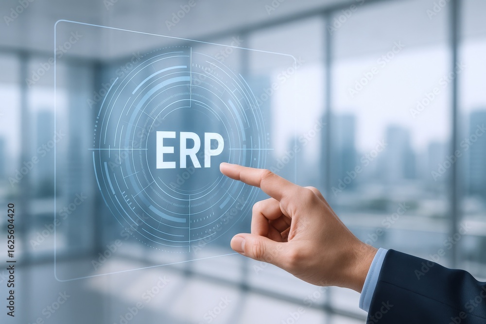 Poster enterprise resource planning implementation: business professional interacting with digital erp inte