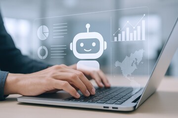 Man using laptop with chatbot interface for automated customer service and data analysis