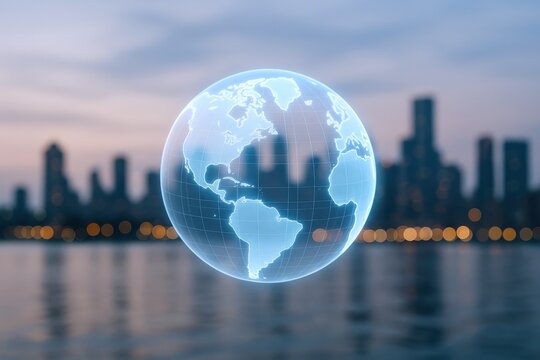 Global Technology Concept: Holographic Earth Over Cityscape Representing Connectivity and Innovation in Modern Urban Environment