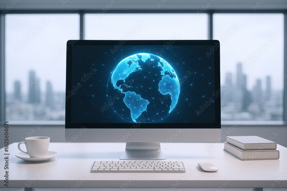 Poster modern workspace with globe graphic on computer display and cityscape background, representing globa