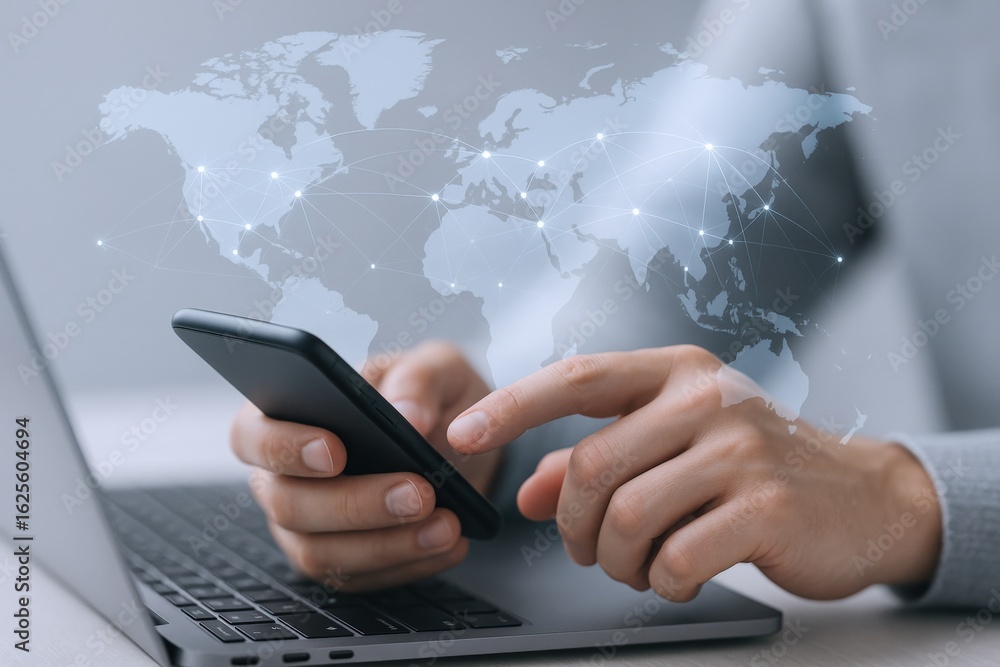 Poster global connectivity concept: person using smartphone with world map overlay for international busine