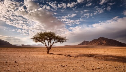 Naklejka premium a solitary tree stands in a vast dry desert landscape with mountains and a cloudy sky in the background