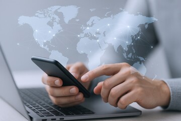 Global Connectivity Concept: Person Using Smartphone with World Map Overlay for International Business