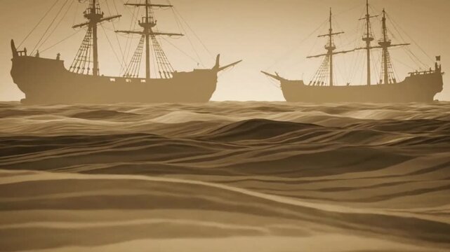 Animation of Abstract Waves Moving Beneath Ghostly Outlines of Slave Ships in Faded Sepia