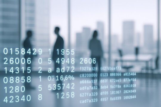 Abstract office background with business team and futuristic data analytics display, representing modern technology and data driven decision making