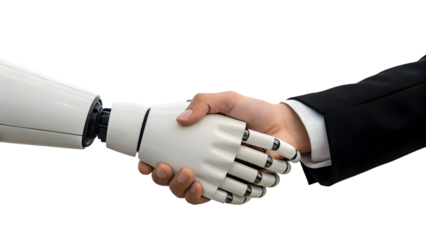 a white robotic arm shakes hands with a human hand wearing a black suit transparent background close up