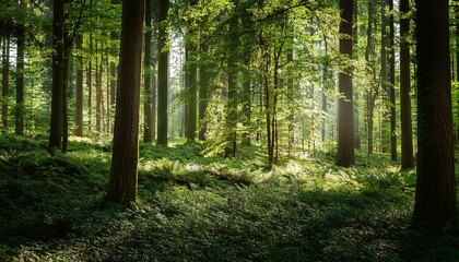 Obraz premium lush green forest scenery with dense trees and soft ambient light