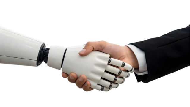 a white robotic arm shakes hands with a human hand wearing a black suit transparent background close up - Powered by Adobe