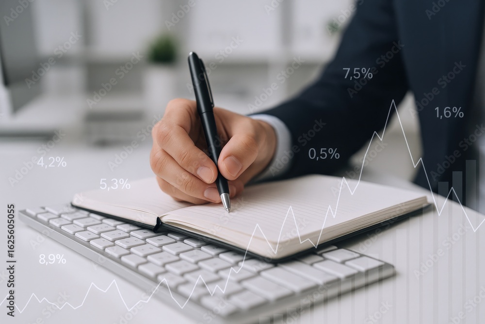 Poster analyzing financial data: businessman taking notes on rising market trends with keyboard and noteboo