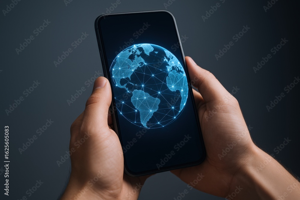 Poster smartphone showing digital globe with connection points in human hands, depicting global connectivit