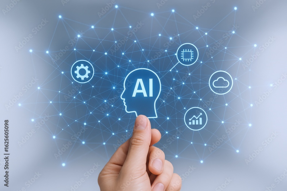 Aufkleber artificial intelligence technology concept presented by hand with glowing ai head and symbols on a n