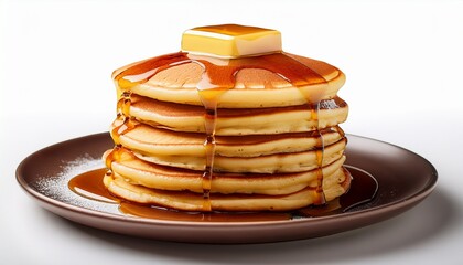 stack of pancakes with maple syrup and butter on transparent background isolated for breakfast and food photography