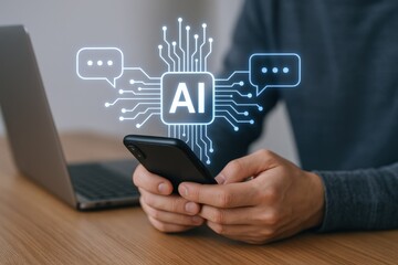 Artificial Intelligence Technology: Man Using Smartphone with AI Interface and Laptop for Future Communication