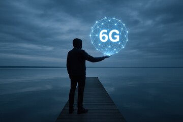 Man Holding Glowing 6G Network Globe on Dock at Dusk, Representing Future Technology