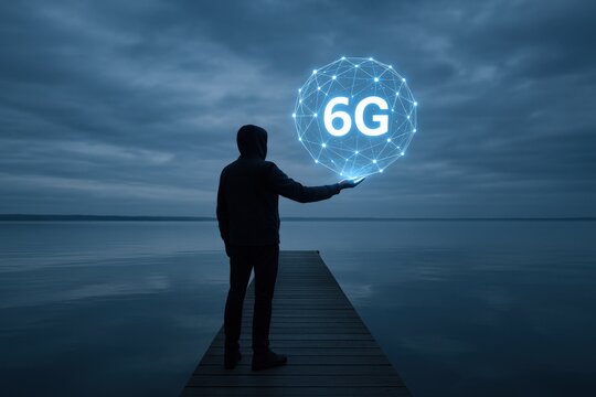 Man Holding Glowing 6G Network Globe on Dock at Dusk, Representing Future Technology - Powered by Adobe
