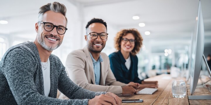 Diverse Business Team Smiling at Camera in Modern Office Environment, Teamwork and Collaboration