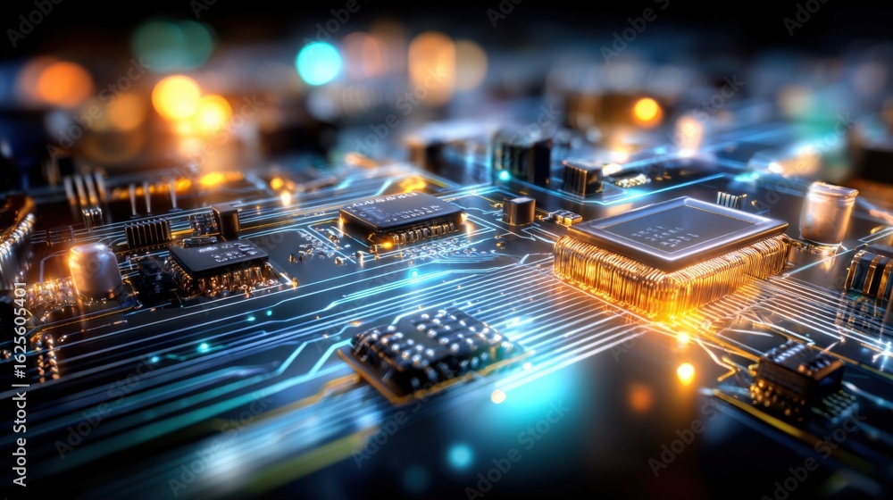 Poster detailed circuit board close-up: high-tech motherboard components with glowing lights and complex sy