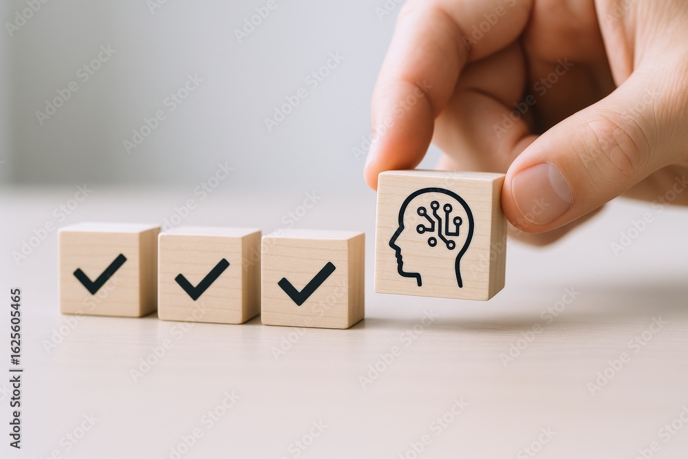 Poster ai brain concept: hand placing artificial intelligence icon block to complete checklist