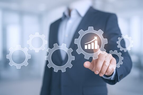 Business Efficiency Optimization: Man Activating Gears with Chart Icon, Conceptualizing Process Improvement and Workflow Automation - Powered by Adobe